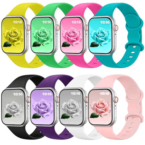 8 Pack Bands Compatible with Apple Watch Band 38mm 40mm 41mm 42mm 44mm 45mm for Women Men, Sport Silicone Wristbands Replacement Strap for iWatch Series 7 6 5 4 3 2 1 SE