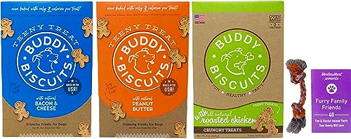 Buddy Biscuits Teeny Treats Crunchy Dog Cookies 3 Flavor Variety – (1) Each: Bacon & Cheese, Roasted Chicken, Peanut Butter (8 Ounces) – Plus Rope Toy and Fun Animal Facts Booklet Bundle Buddy Biscuits Teeny Treats Crunchy Dog Cookies 3 Flavor Variety – (1) Each: Bacon & Cheese, Roasted Chicken, Peanut Butter (8 Ounces) – Plus Rope Toy and Fun Animal Facts Booklet Bundle