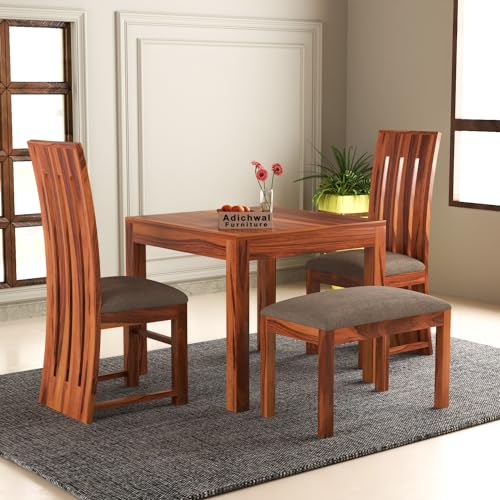 Image of Sheesham Wood 2 Chair with 1 Bench Dining Table Set with Cushioned Chairs for Dining Room | Living Room | Home & Office | (4 Seater with Bench, Honey B)
