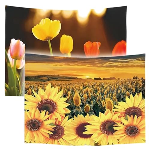 Ulticool – Tapisserie - Tulipes Fleurs la Nature Tournesol Soleil été - 73cm x 95cm – Lot de 2 designs - Tissu Tapisserie Peinture - Poster Art - Jaune Rose Orange