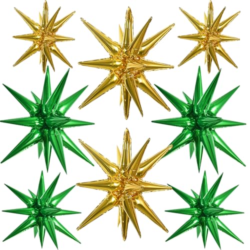 Image of TONIFUL 8 Pcs Green and Gold Explosion Star Foil Balloon Party Decoration | 22 Inch Large Mylar Star Balloon for New Year Christmas St. Patrick's Day Safari & Dinosaur Themed Kids Birthday Party Decor
