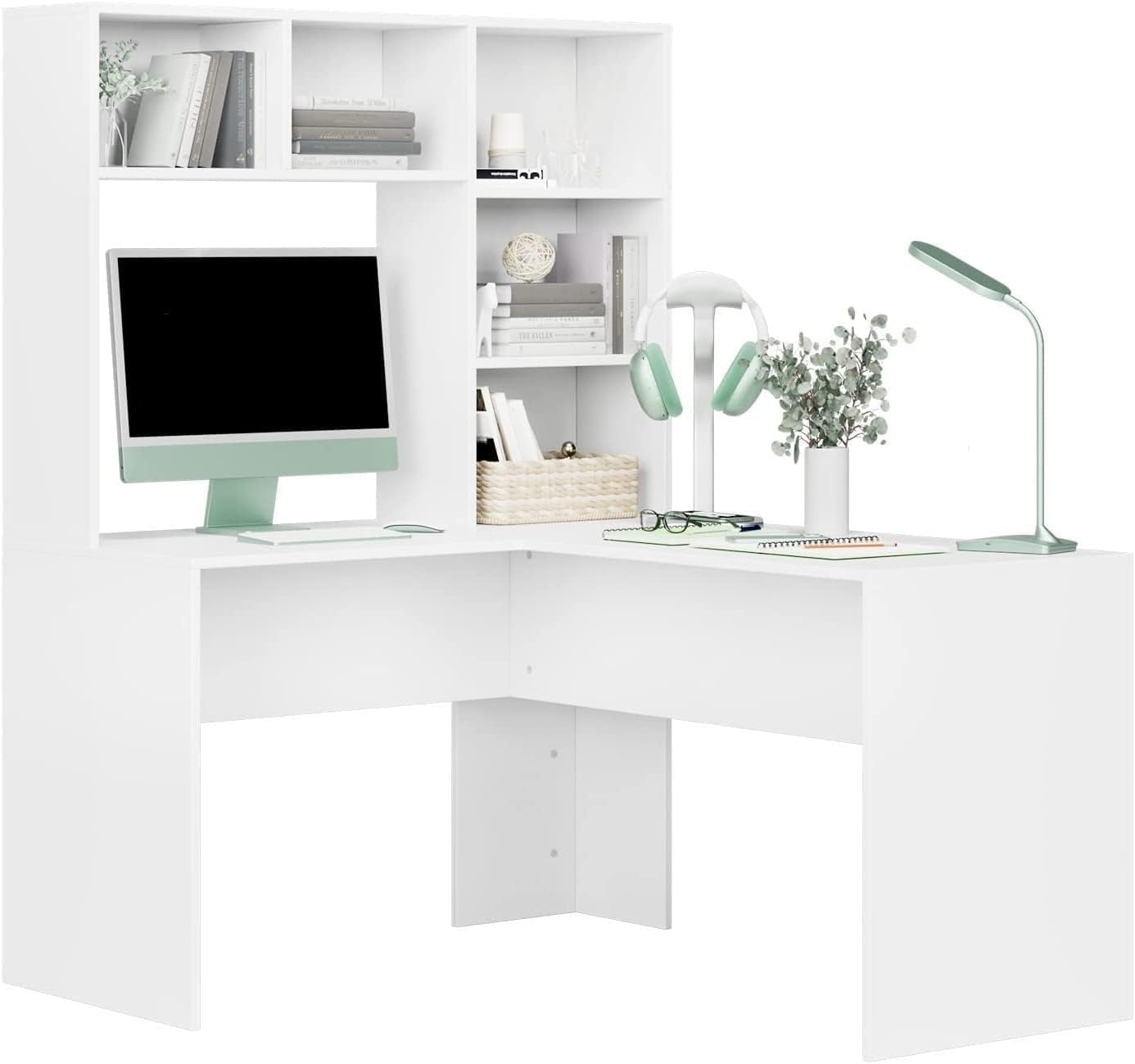 FirFurd Escritorio Esquinero con Estantería, Escritorio Juvenil, Mesa Ordenador en Forma de L, con Regleta, Mesa para Estudio, Dormitorio, Oficina, Blanco