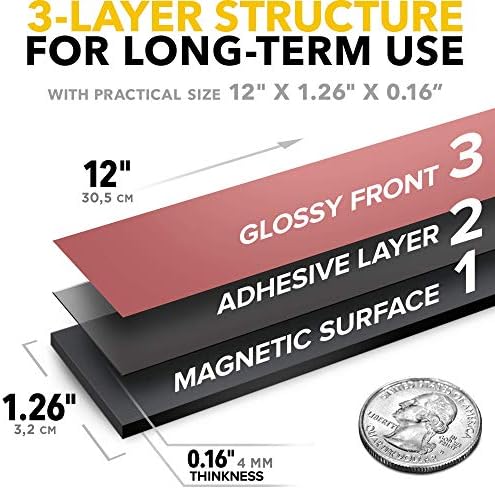 Flexible Magnetic Tape - 5 PCs Magnetic Strips with Strong Self Adhesive 3M - 3,2 cm x 30,5 cm Each Strip - Peel & Stick Magnetic Roll for Craft and DIY - Sticky Magnets for Fridge and Dry Erase Board