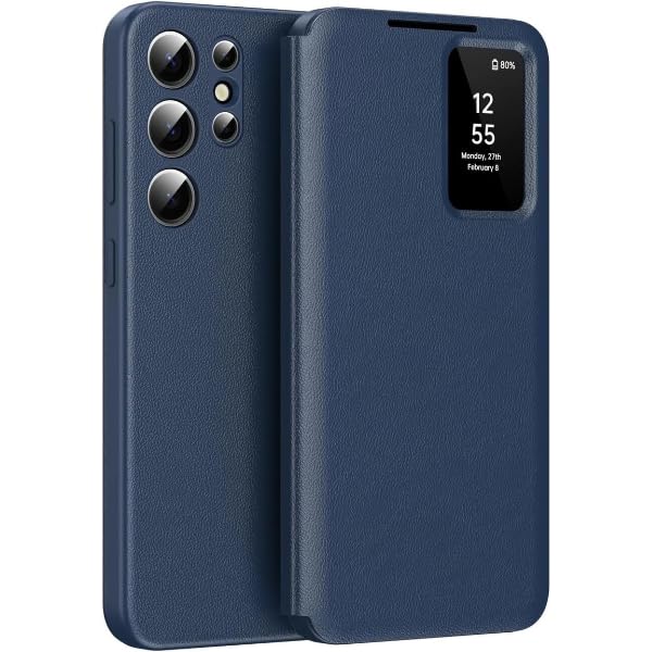 Image of Smart View Wallet Case for Samsung Galaxy S25 Ultra - Premium PU Leather Flip Cover with Mini Display Window, Internal Card Slot. (Blue, Samsung Galaxy S24 Ultra)