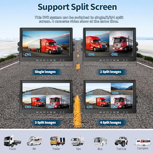 Image of AHD Truck Backup Cameras with Monitor, 10.1'HD Quad Split Screen Monitor 4 Cameras 1080P Backup Camera for Trucks Trailer RV Bus Travel