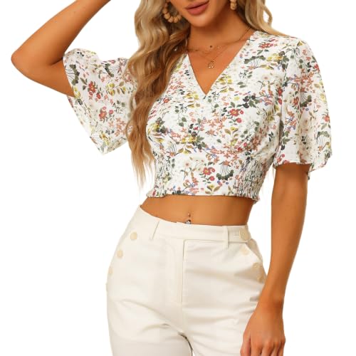 Allegra K Women's Floral Crop Tops Casual V Neck Boho Smocked Top White