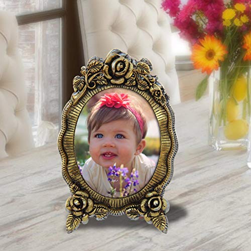Image of Handicrafts Paradise Vintage Floral Photo Frame Antique Gold Finish Oval Picture Frame with Rose Flower Border Design for Home Decor & Office Desk - 8 Inch