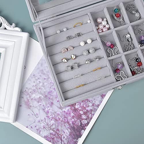Jewellery Box Organiser 9 Grids Jewelry Storage Case, Velvet Lockable Jewellery Organiser, Removal Tray, Ring Storage Slot, Ring Jewellery Display Storage Box Tray for Rings Earrings Necklace - Grey
