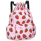 MoonWang Drawstring Backpack for Women Drawstring Gym Bag Water Resistant Small Cinch Sack Pull String Backpack Bag (Strawberry)