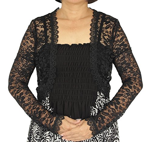 Women Lace Shrug Long Sleeve Wedding Bridal Party Open Front Cardigan Sweater Bolero Lightweight Arm Cover (1X) Black