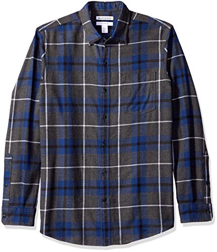 Amazon Essentials Men's Regular-Fit Long-Sleeve Plaid Flannel Shirt, Blue/Charcoal Heather, Medium
