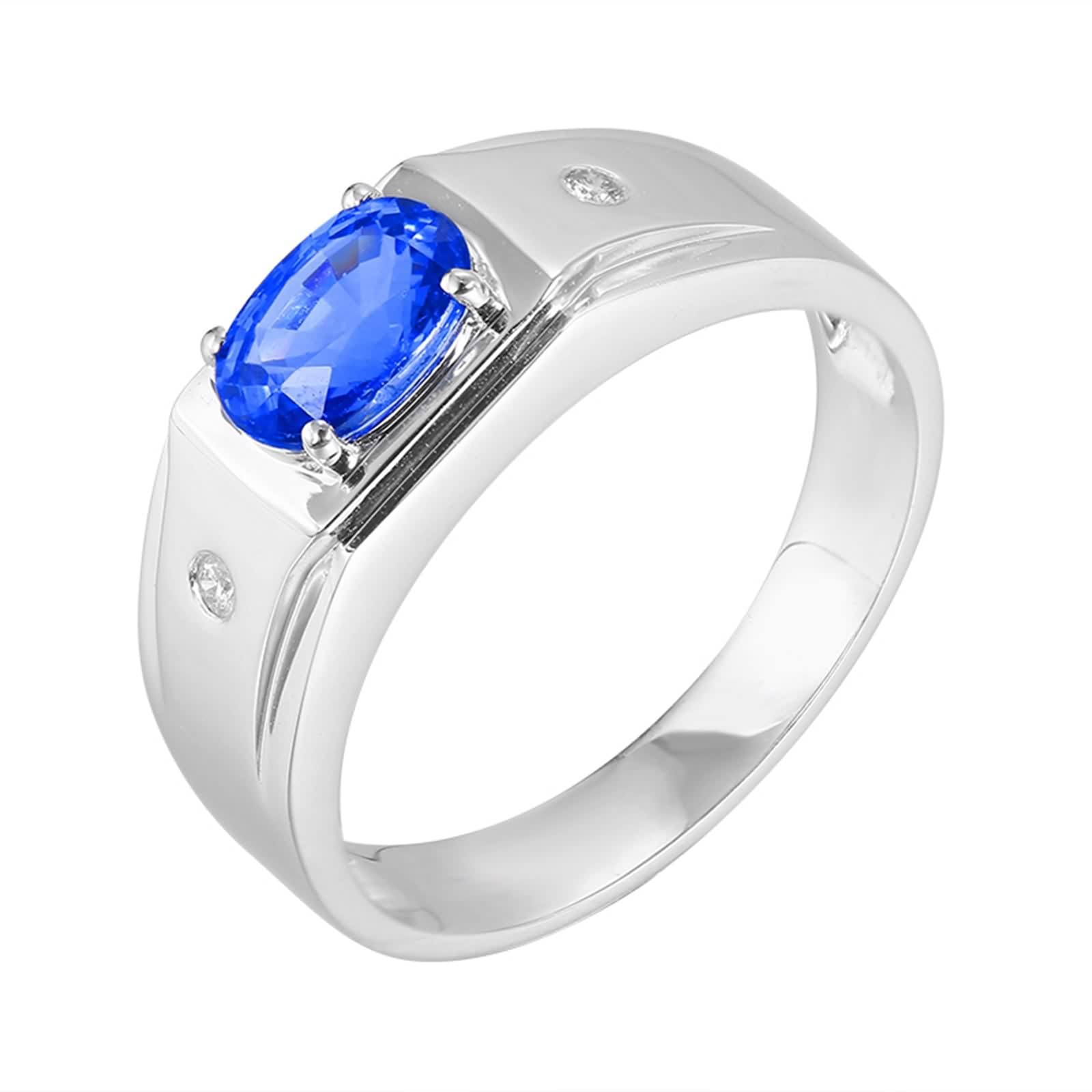 Anillos Oro 18K, Anillos de Compromiso para Hombre Azul 1.33 Kilates Zafiro Creado En Laboratorio Clásico Oro Blanco 750 con Moissanita Talla 8