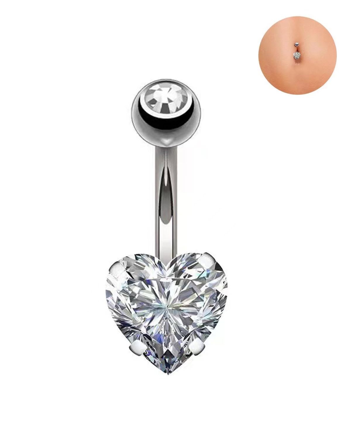 KGDUYC 1 Pieza 4G Piercing Ombligo,Corazón Ombligo Piercing 8Mm Plata Bar Longitud Piercing Joyería Ombligo Piercing Pequeños Cristales Aro Ombligo Piercing Barbell Set Para Mujeres - cariñoso