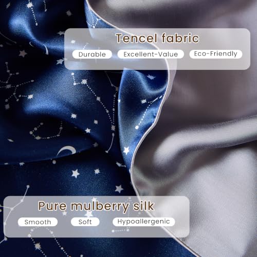 Image of THXSILK Natural Mulberry Silk Pillowcase for Hair and Skin Heath, Grade 6A+ Mulberry Silk Hypoallergenic Pillow Cover with Zipper, 1pc (King 20 inchx36 inch, Navy Blue Constellation Pattern)