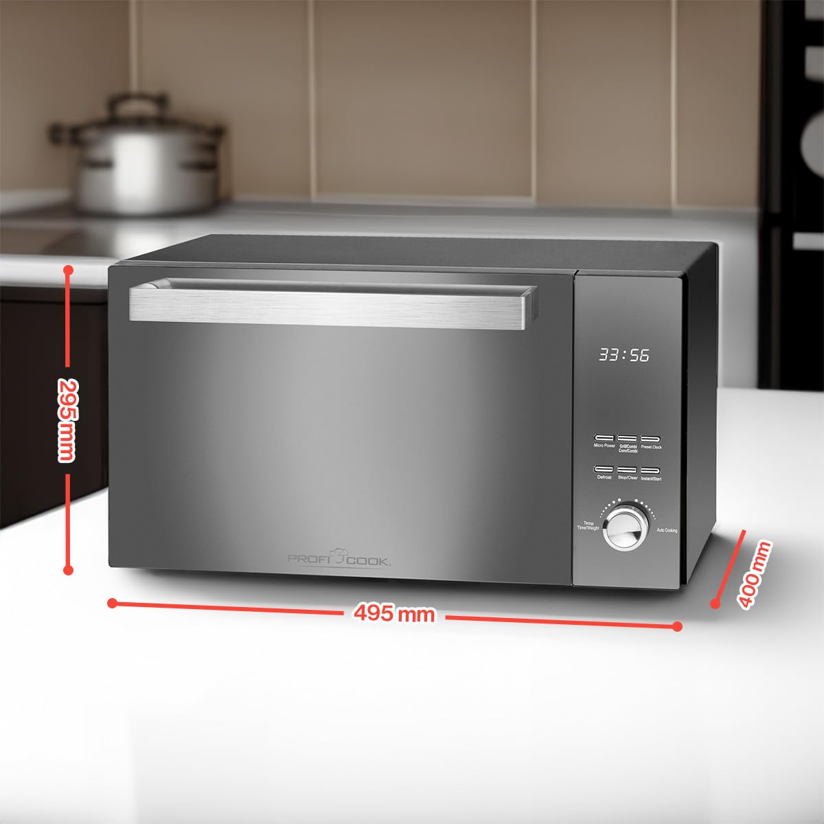 ProfiCook PC-MWG 1204 Four à micro-ondes avec gril, espace de cuisson 23 litres, puissance micro-ondes 800 watts, puissance gril 1000 watts, porte à double vitrage avec poignée en acier inoxydable