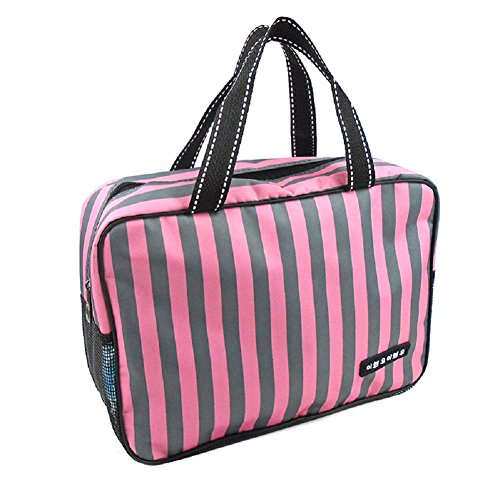 Preisvergleich Produktbild SFGHOUSE Unisex Striped Tragbare Reise Kosmetik Toilettenartikel Waschbeutel mit Griffen Mesh Storage Organizer Tasche (Pink)