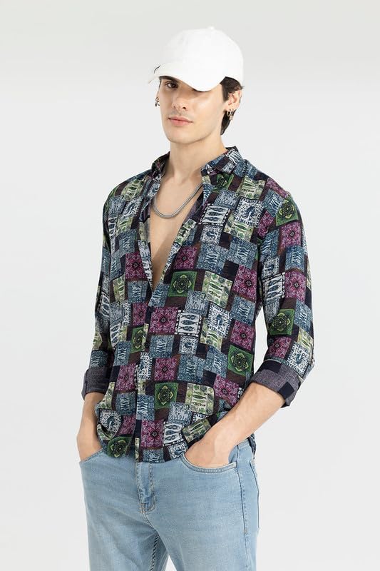 Image of SNITCH Nomadic Fish Spread Collar Printed Slim Fit Shirt Blue