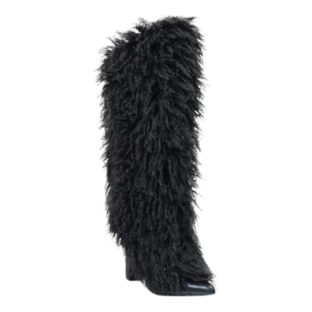 Liliana Women Chunky Heel Pointed toe Knee high Fur boots With Full Side Zipper Runs Small
