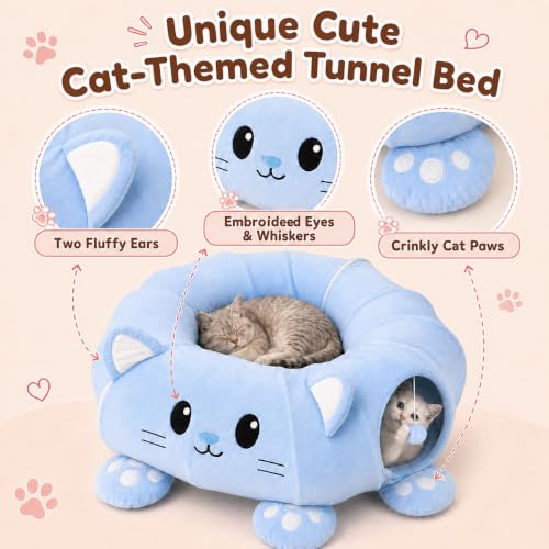 Cat Tunnel Bed with 21 Interactive Toys | Kitten Bed with Collapsible Tunnel for Indoor Cats, Cute Play Tube with Enrichment Toys (Blue, Kitten Pattern) - Image 6