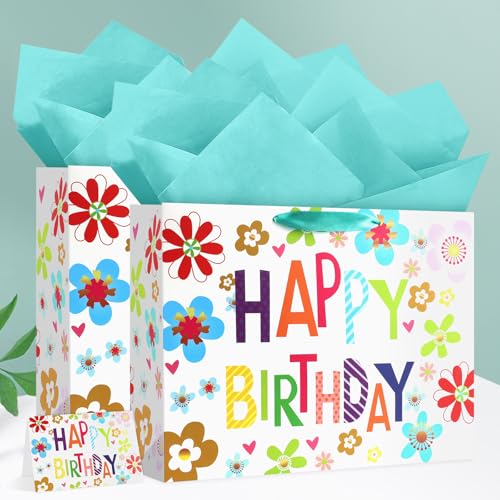 Image of JMANNI Large Happy Birthday Gift Bag with Tissue Papers and Greeting Card, Portable Paper Gift Bags with Handles, Present Bags for Women Girls Birthday Party 13 inch x 10.2 inch x 4.7 inch(Colorful Flowers)