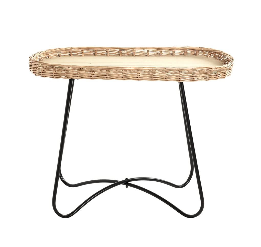 HAKU Tavolino in vimini naturale, struttura in metallo nero, legno lamellare, intreccio in vimini, tavolino da salotto - Dimensioni: L 70 x A 55 x P 33 cm Stile: Bohemian