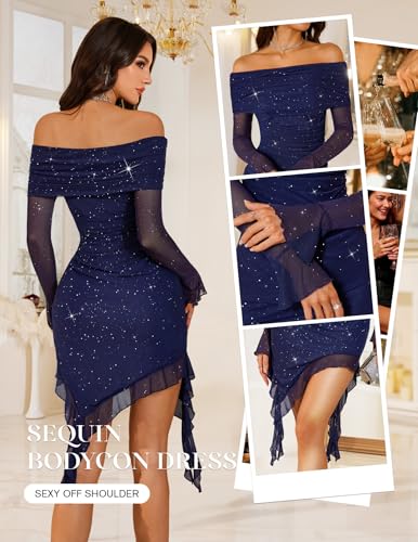 BeryLove Women's Sexy Sequin Cocktail Dress Ruched Bodycon Off Shoulder Midi Formal Party Long Sleeve Dresses3