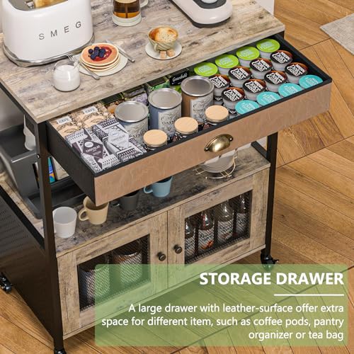 X-cosrack Large Coffee Bar Cabinet，3 Tiers Kitchen Coffee Cart with Drawer for The Home, Movable Farmhouse Station Table on Wheels for Living Room, Entryway, Dining Room, Kitchen by X-cosrack - Used condition - Image 4