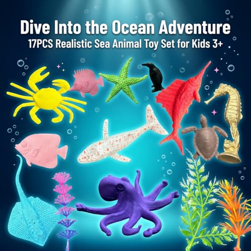 Image of ZESTHOME Ocean Animal Toys for Kids 3+, 17PCS Sea Animal Figures Set, Realistic Marine Creatures, Educational Learning Toy, Birthday Gift for Boys and Girls, Aquarium Decoration