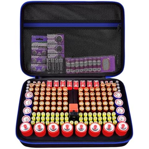 casmilee Storage Case & Battery Organizer with Tester for 162+ AA AAA 4A C D 9V 3V Lithium LR44 CR2 CR123 CR1632 CR2032 18650 Button - Batteries Not Included Blue Cover