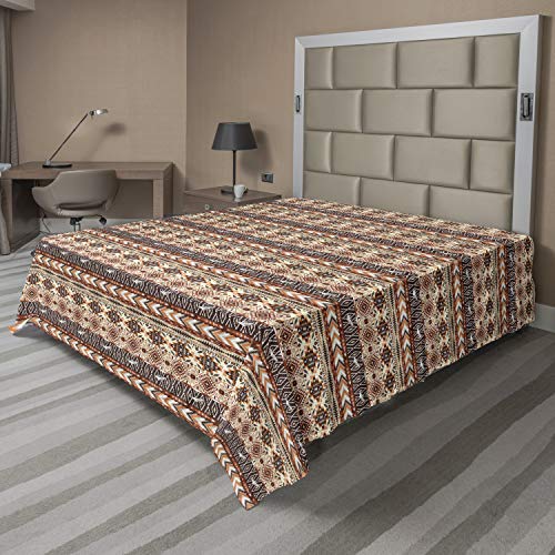 Ambesonne Tribal Flat Sheet, Indigenous Art Horizontal Borders with Flying Birds and Geometric Elements, Soft Comfortable Top Sheet Decorative Bedding 1 Piece, King Size, Orange Brown Beige
