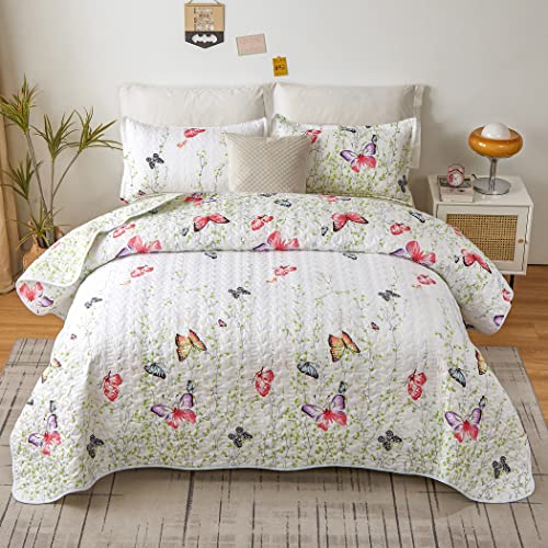 Lamejor Quilt Set Queen Size Butterfly Botanical Pattern 3-Piece Coverlet Set Bedspread Comforter Set Bed Cover Soft Lightweight White #TOP16