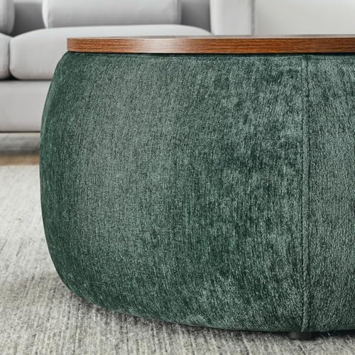 Image of Elegent Debe Round Coffee Table with Wooden Top, Storage Ottoman Tables for Living Room, Centre Tables,Farmhouse Wood Drum Coffee OttomanTable,Multipurpose Storage Ottomans - Green