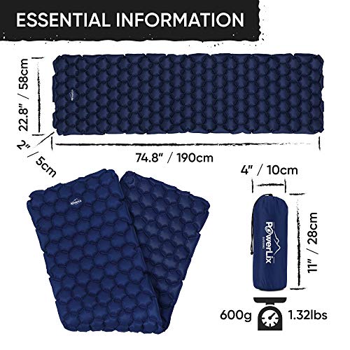 Powerlix Sleeping Pad - Ultralight Inflatable Sleeping Mat, Ultimate For Camping, Backpacking, Hiking - Airpad, Inflating Bag, Carry Bag, Repair Kit - Compact & Lightweight Air Mattress (Navy Blue) #TOP6
