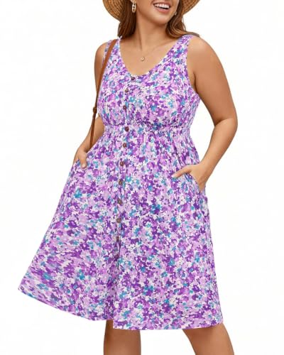 Image of Holipick Women's Plus Size Summer Dresses for Women Casual Dress with Pockets A-Line Swing Button Down Sleeveless V Neck