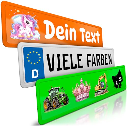 schildEVO 1 Junior Kennzeichen | Wunschtext Kinder-Namensschild | 34 x 9 cm | Aluminium | Individuelles Fun-Kennzeichen für Kinderauto | Kettcar | Tretauto | Bollerwagen | Geburtstag