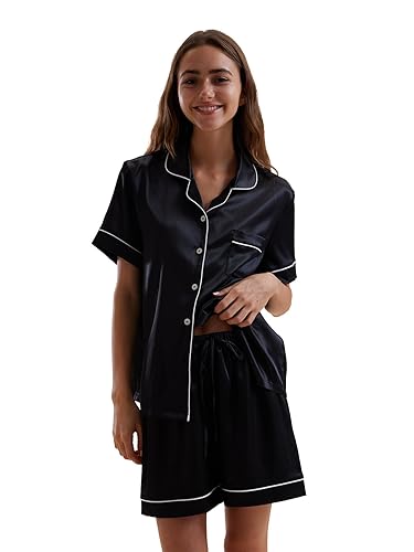 Satin Pajamas for Women Set,Silky Short Sleeve Ladies Pajama,Woman's 2
