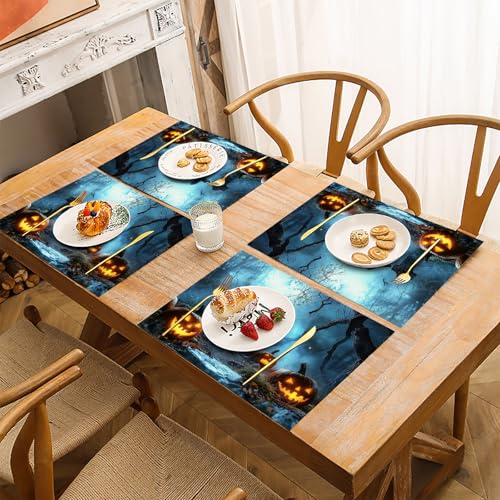 Sets de table lavables Halloween motif lanternes citrouilles bleu clair 8 pcs