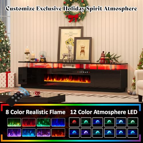 Image of AMERLIFE 90 inch High-Gloss Fireplace TV Stand with 50 inch Electric Fireplace | Black LED TV Console, Modern Living Room Entertainment Center, Fits TVs up to 100 inch, 2 Cabinets, 2-Tier Storage Space