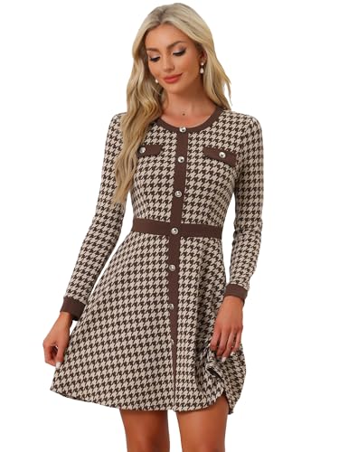 Allegra K Damenkleid mit Hahnentrittmuster, kariert, Kontrastfarbe, Rundhalsausschnitt, Knopfleiste vorne, elegantes A-Linien-Kleid, khaki brown,...