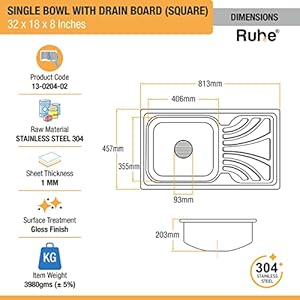 Ruhe® Square Single Bowl with Drainboard 32 x 18 x 8 inches Kitchen Sink | 304 Stainless Steel Square Single Bowl with Drainboard Kitchen Sink | Glossy Finish | Including Sink Coupling and Waste Pipe