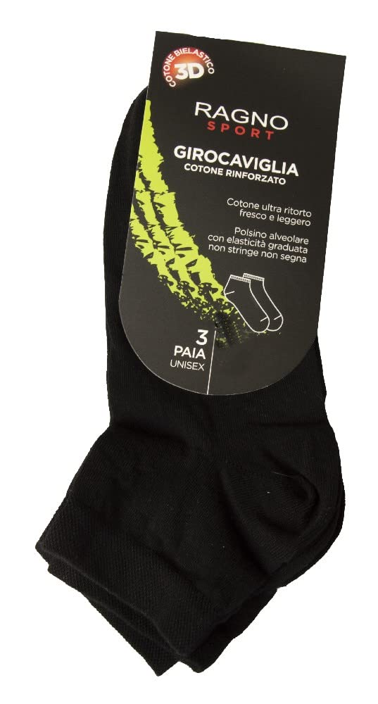 RAGNO SPORT sock 3 pairs of unisex socks ankle socks cuff does not tighten does not mark reinforced cotton article 09583G, 020T Nero, 9.5