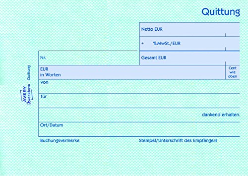 AVERY Zweckform 302 Quittungsblock (A6 quer, 50 Blatt, fälschungssicher, separat ausgewiesene MwSt., für Deutschland und Österreich) weiß (Packung mit 5)