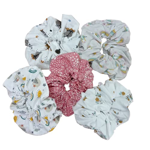 Set 5 scrunchies para lactancia Fabricados en España. Accesorios lactancia scrunchie para madres coletero tela elástico pelo bandas Lazos para el cabello Elásticos para el cabello. (Set 5)