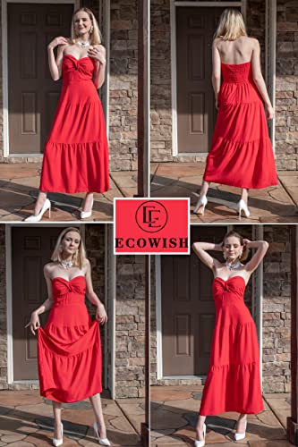 Image of ECOWISH Women's Summer Strapless Maxi Dress 2026 Off Shoulder Hollow Out Smocked A Line Tube Tiered Long Dresses