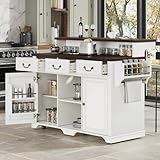 Quarte Farmhouse Two-Tier Kitchen Island with Storage, Power Outlet, 4 Door Shelves, Adjustable Shelves, 3 Drawers, Rolling Island Table for Bar Kitchen (White/2-Tier)
