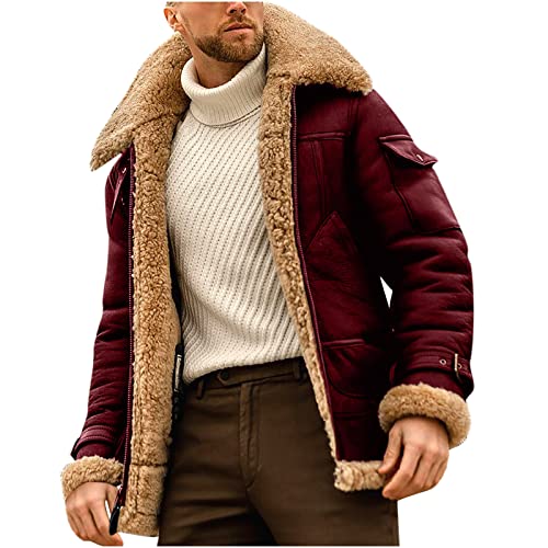 NUSGEAR Hombre Invierno Forro de Lana Invierno Polipiel de Solapa Larga Cálido Chaqueta de para hombre Vintage Chaqueton de Piel Otoño Casual Cazadora Chaqueton Aviador Chaqueta Moto con Cuello