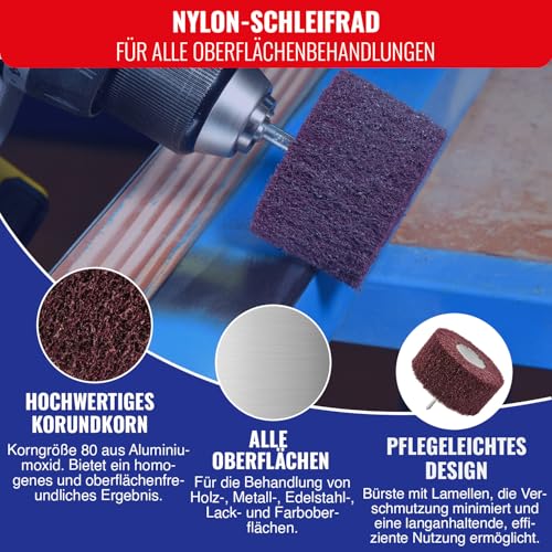 TIVOLY - Schaumstoff-Schleifbürste für Bohrmaschine - Extrudiertes Nylon + Korundkörnungen - Körnung 80 - Reinigung und Abbeizen aller Holz- und Metalloberflächen