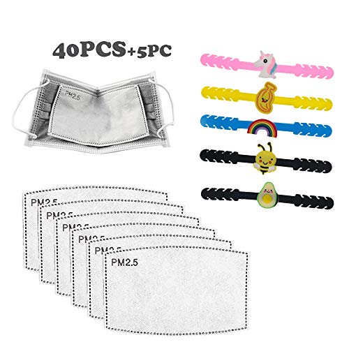 Lot de 40 filtres à charbon actif PM 2,5 5 couches remplaçables anti-brume pour enfants, garçons et filles, avec sangle réglable pour le visage, extenseur d'oreille, crochet Cover