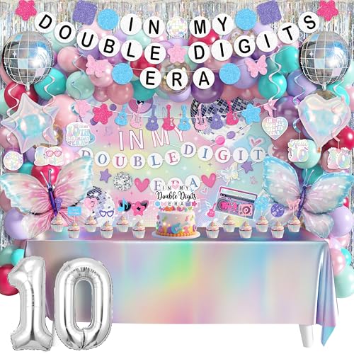10th Birthday Decorations for Girls Double Digits Birthday Girl Party Decor Party Supplies with Pink Purple Balloon Arch Friendship Bracelet Banner Backdrop Hanging Swirls