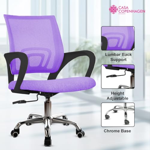 Image of Casa Copenhagen Mesh Mid Back Office /Study /Computer /Revolving /Desk Chair for Work from Home -Metal Base, Height Adjustable Seat- Purple & Black Handle